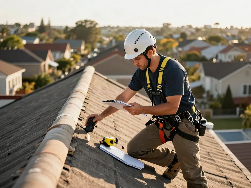 Technicien Atlas Pro inspectant un toit résidentiel avec des outils, en pleine action.