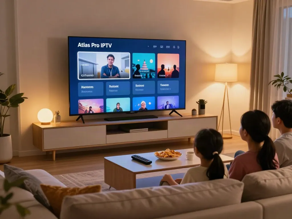 Configuration de cinéma maison avec Atlas Pro IPTV, famille se divertissant ensemble.