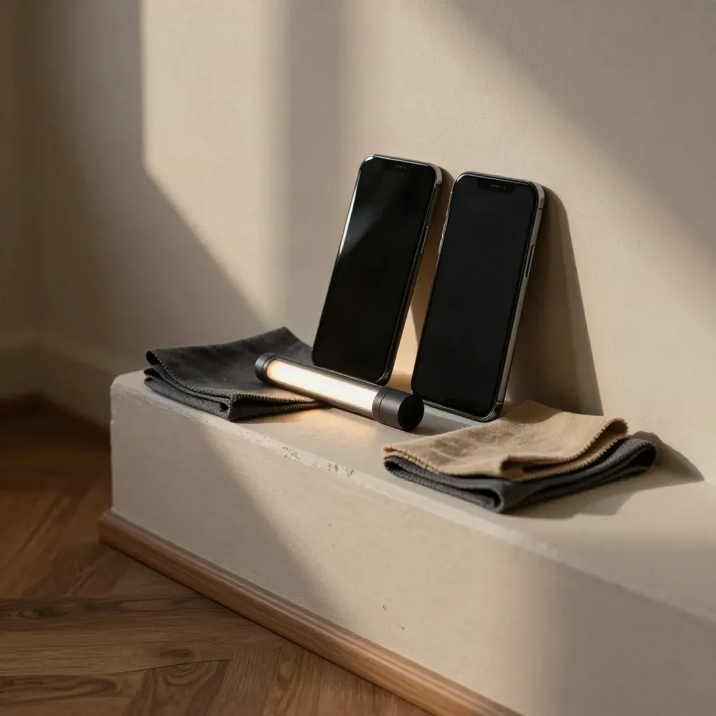Téléphones sombres, tube LED et échantillons de tissu sur plâtre, ambiance cosy documentaire.