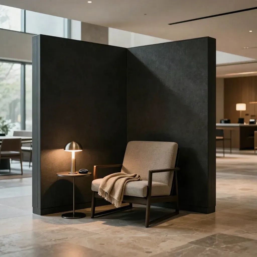 Niche d’interview corporate finie dans un lobby en pierre, fauteuil en lin, panneaux acoustiques et lampe basse.