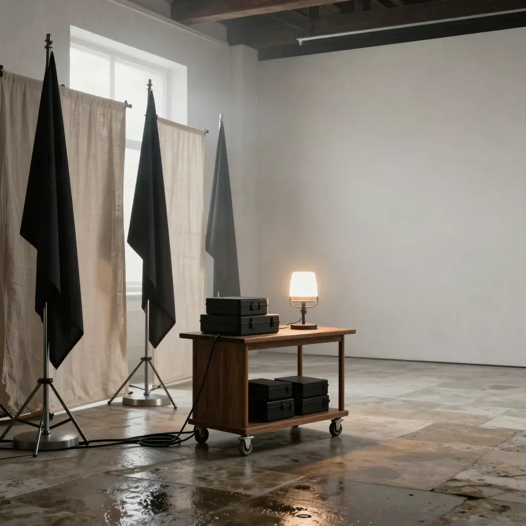 Loft plâtré pour interview cinéma, flags noirs, lampe pratique, ambiance après la pluie.