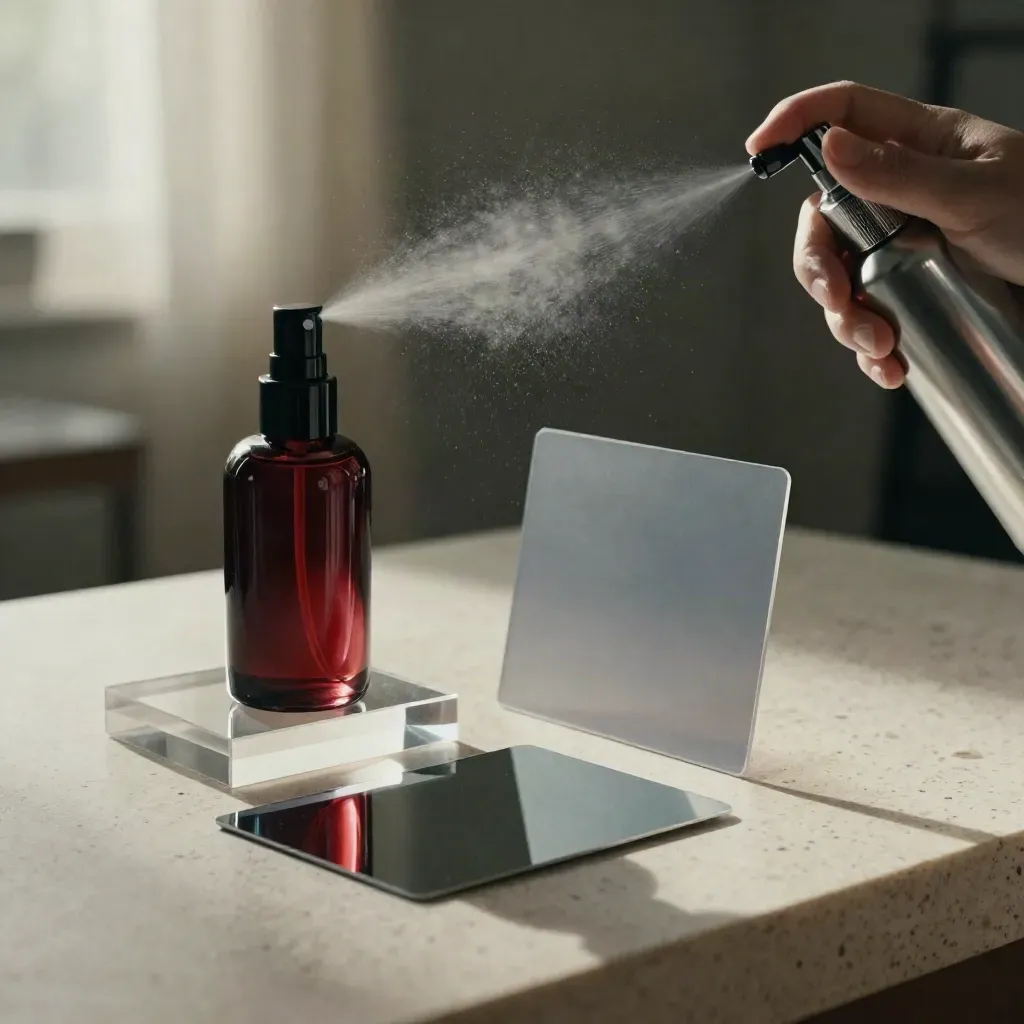 Packshot de produit sur travertin avec sprays, plexiglas et brume en suspension.