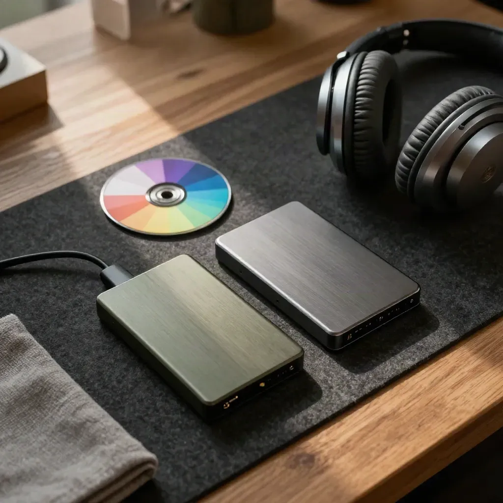 Vue zénithale de SSD, disque de calibration couleur et casque sur feutre sombre, lumière chaude.