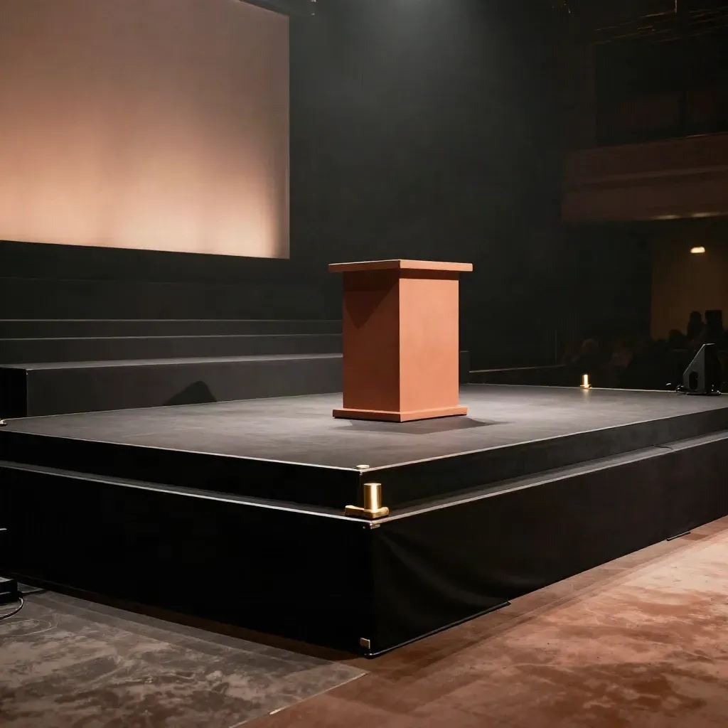 Scène d’événement vide avec éclairages, podium drapé et câbles discrets dans une salle brumeuse