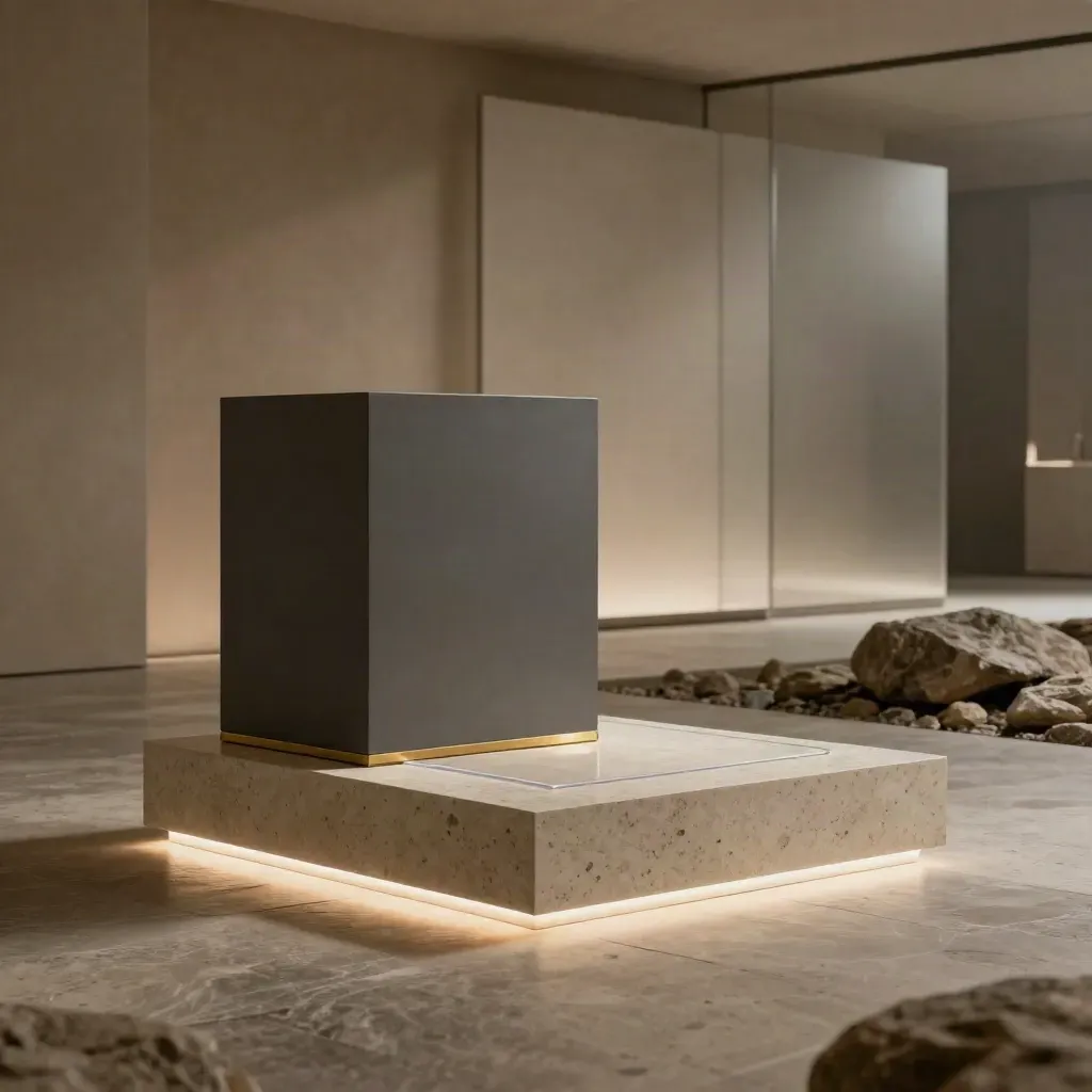 Podium produit et silhouette mate dans un showroom moderne, lumière douce et légère brume.
