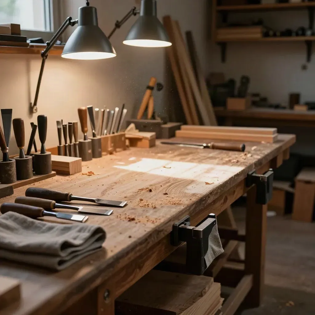 Atelier d’ébénisterie prêt à filmer, outils alignés, lumière chaude et poussière de bois.