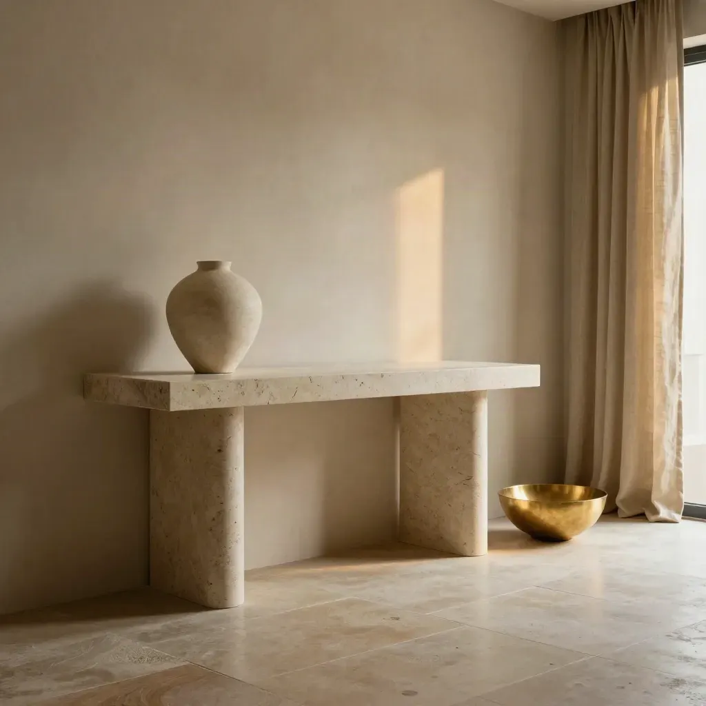 Intérieur cinéma lumineux avec console en travertin, rideaux de lin et murs en plâtre.