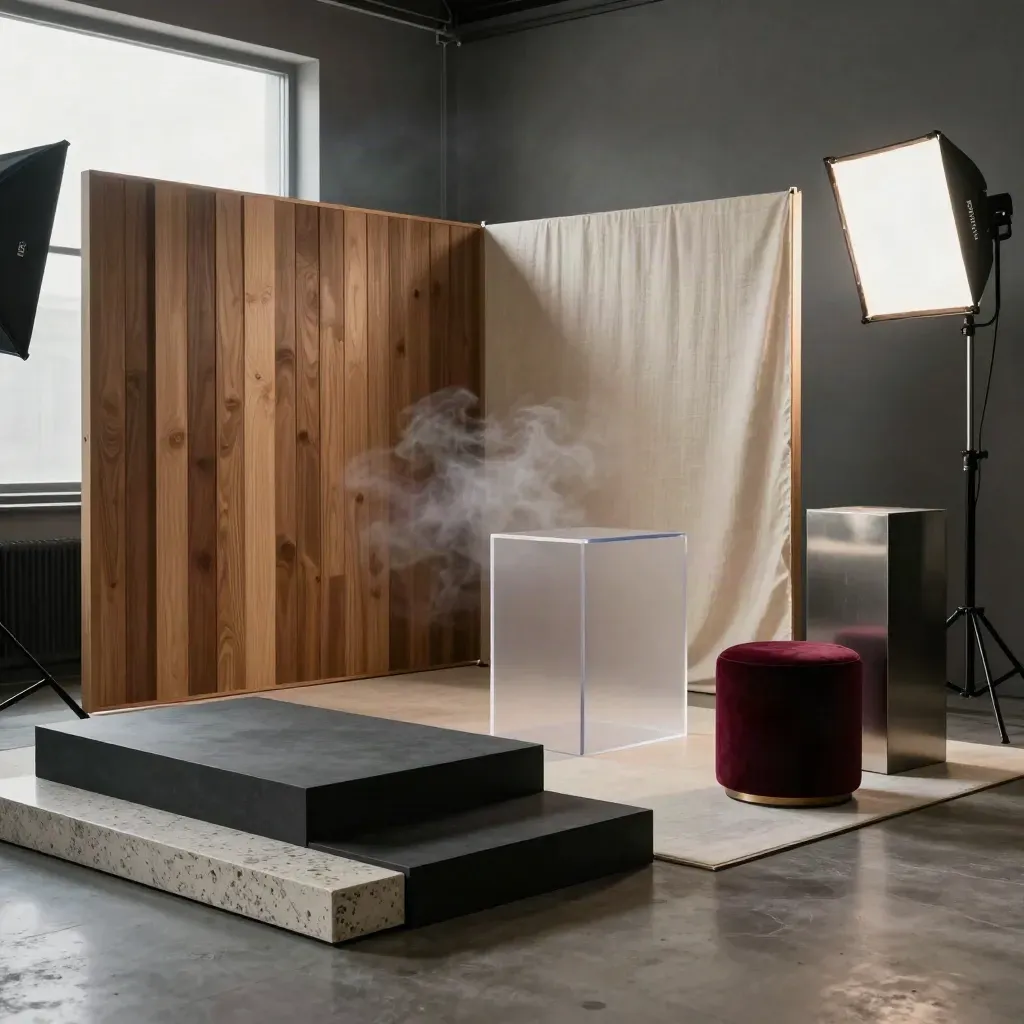 Coin studio prêt pour huit clips, tabourets vides, lumières portables et brume légère.