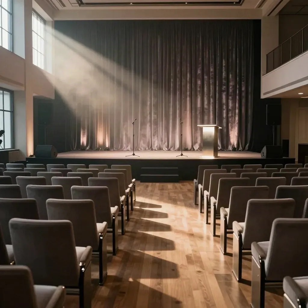 Salle de sommet vide avec scène éclairée, deux micros et rangées de sièges dans une brume chaleureuse