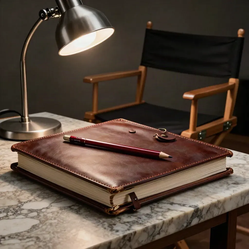 Binder de réalisateur, crayon rouge et chaise pliée sur travertin, lumière dramatique.