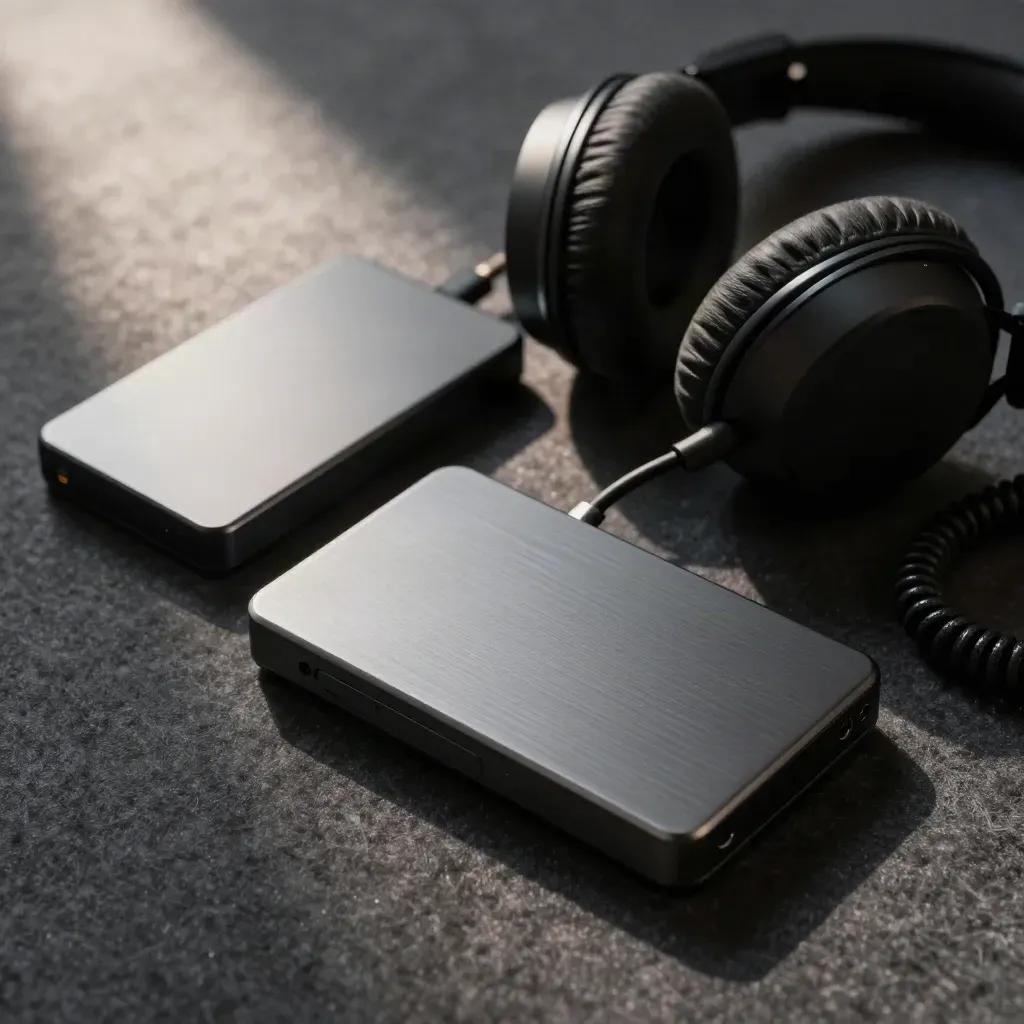 Deux SSD externes, un casque circum-aural et un câble tressé sur feutre sombre, vue de dessus.