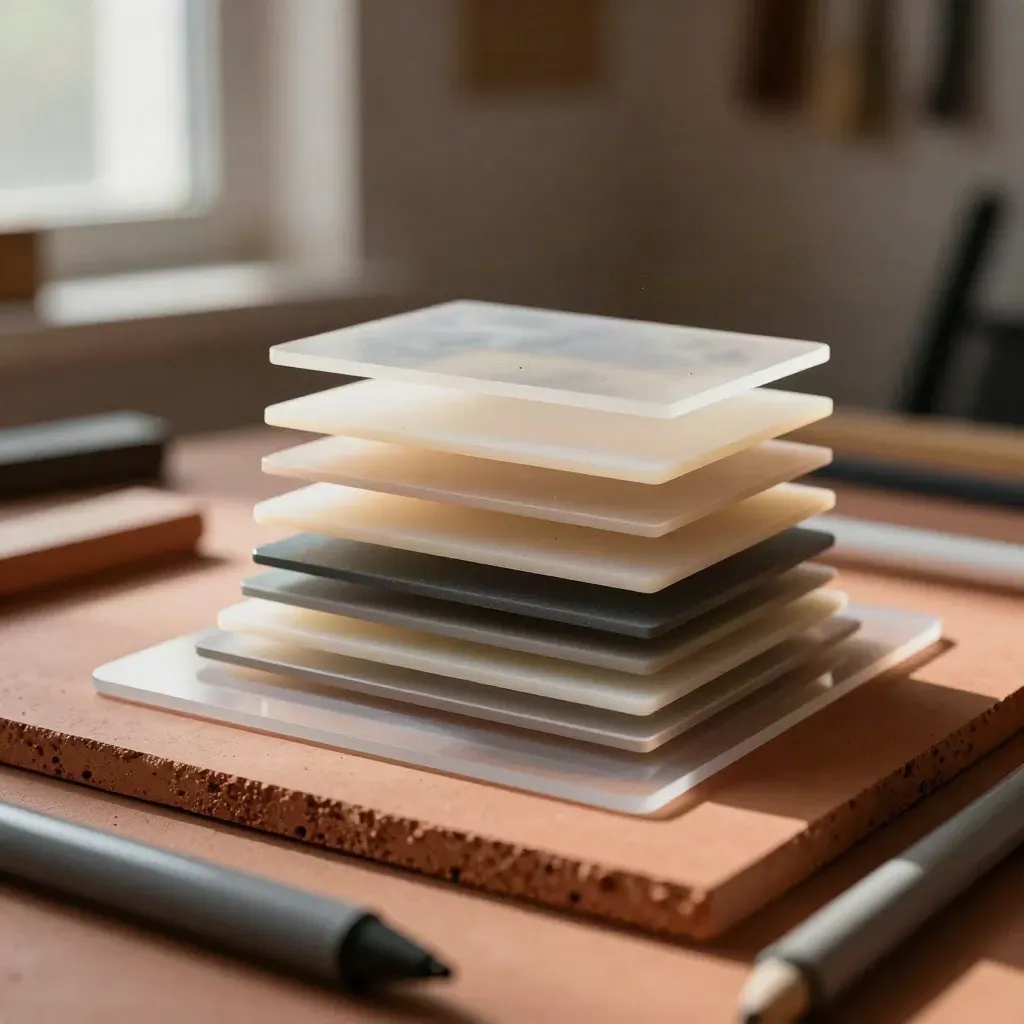 Gros plan sur des gabarits acryliques, gels dégradés et stylet sur une dalle terracotta