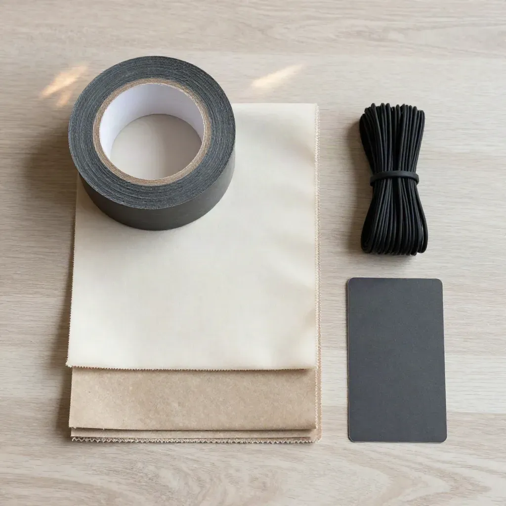 Gaffeur enroulé, swatches textiles et colliers de serrage sur bois clair.