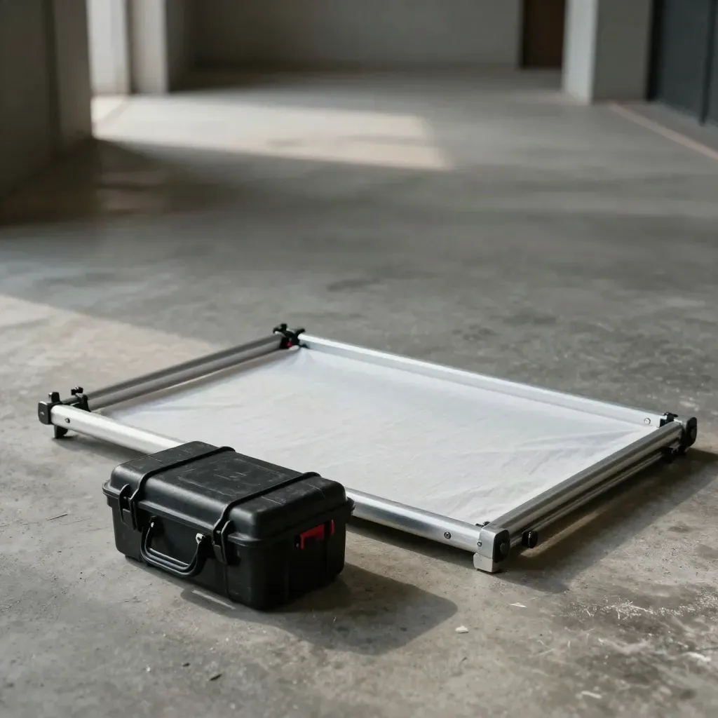Béquille de lumière, cadre diffuseur plié et valise noire sur béton, lueur latérale poussiéreuse.