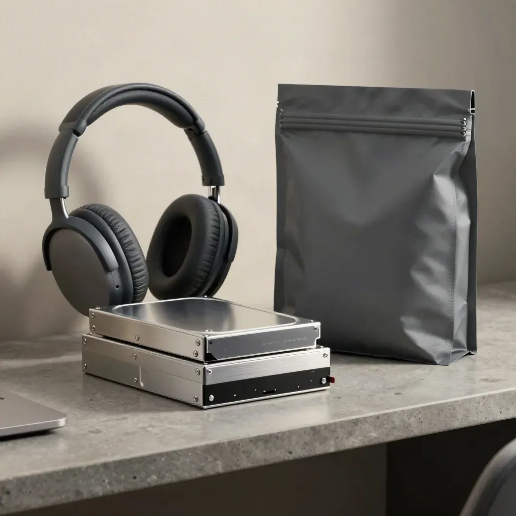 SSD empilés, casque audio et pochette d’expédition sur une étagère en pierre