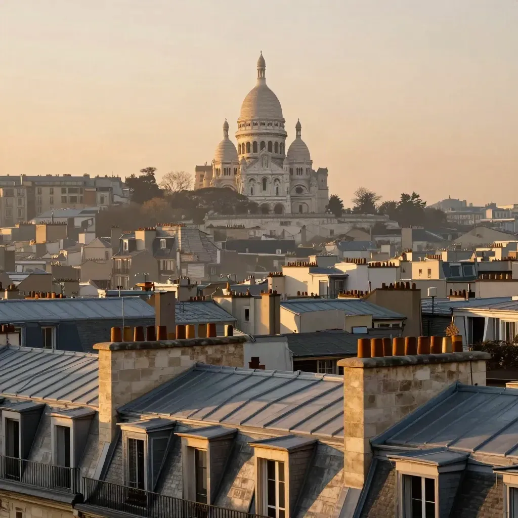 Vue dorée des toits de Paris avec le Sacré-Cœur dans une brume de fin de journée.