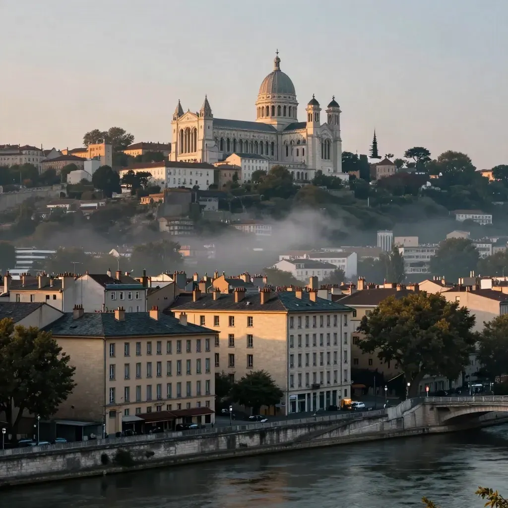 Vue aérienne de Lyon avec Fourvière dans la brume, façades et toits de pierre, ambiance bleu heure.
