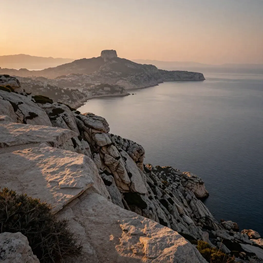 Côte rocheuse de Marseille au coucher du soleil, mer paisible et brume marine