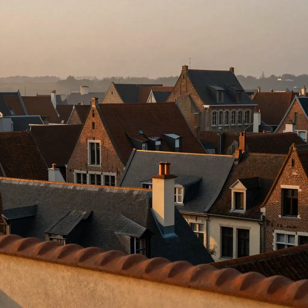 Toits rouges de Lille dans la brume dorée, vus en hauteur, avec ciel calme pour le titre.